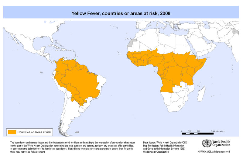 OMS - distribuzione geografica della febbre gialla - 2008