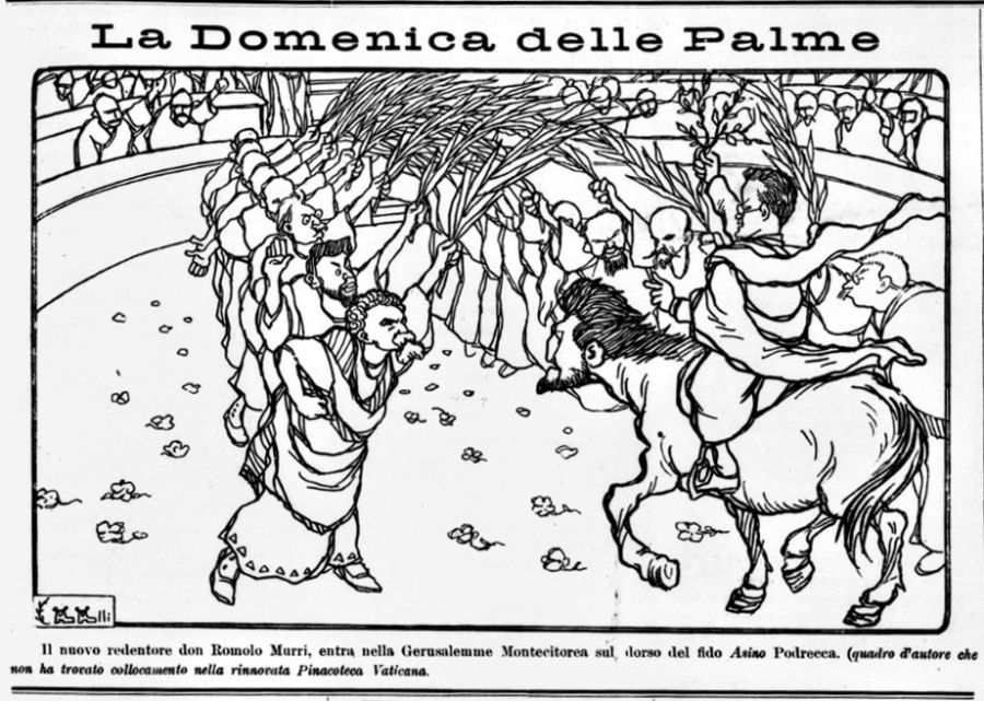 Vignetta satirica sull entrata in Parlamento di Romolo Murri (Il Travaso delle Idee della Domenica del 4 aprile 1909)