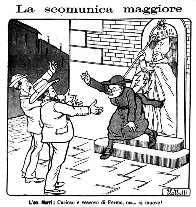 Vignetta satirica sulla scomunica di Romolo Murri del 1909